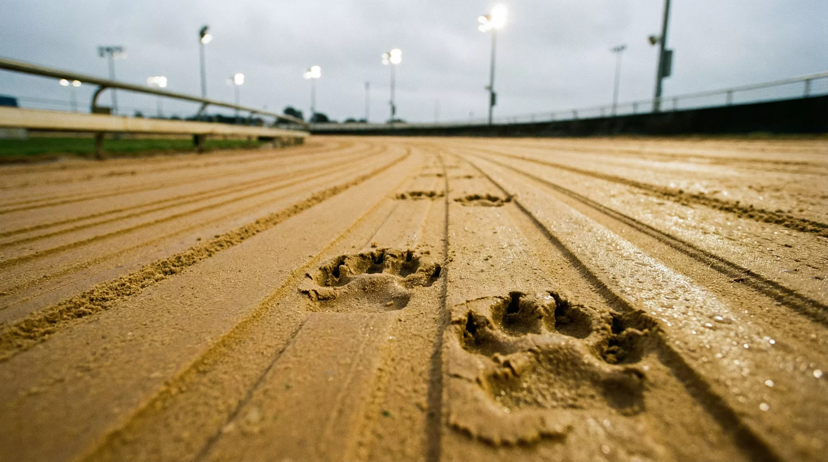 Close-up of the golden sand surface of a greyhound racing track with visible paw prints and grading marks