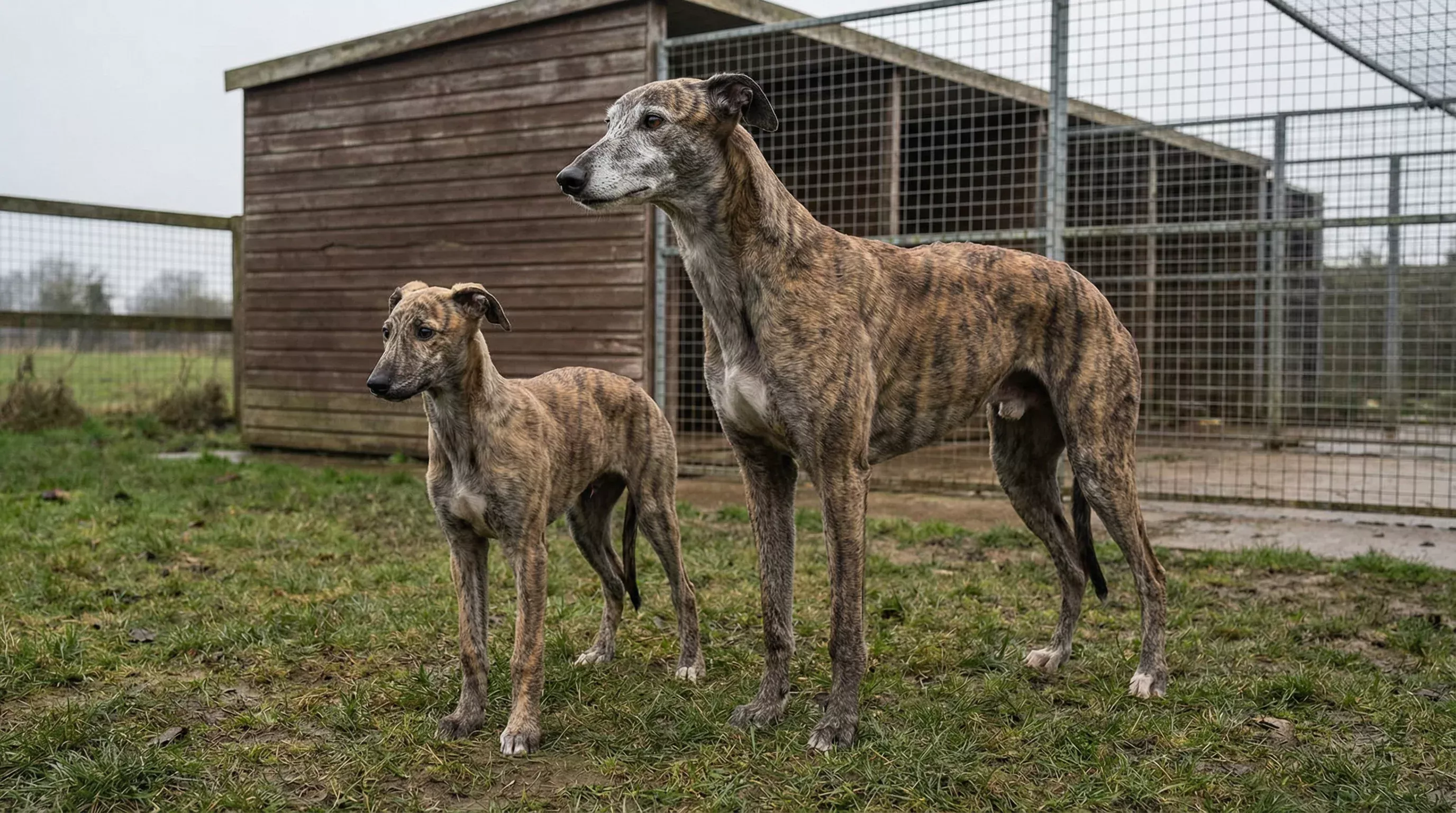 Adult greyhound standing beside a younger greyhound puppy in a grassy kennel yard showing family resemblance