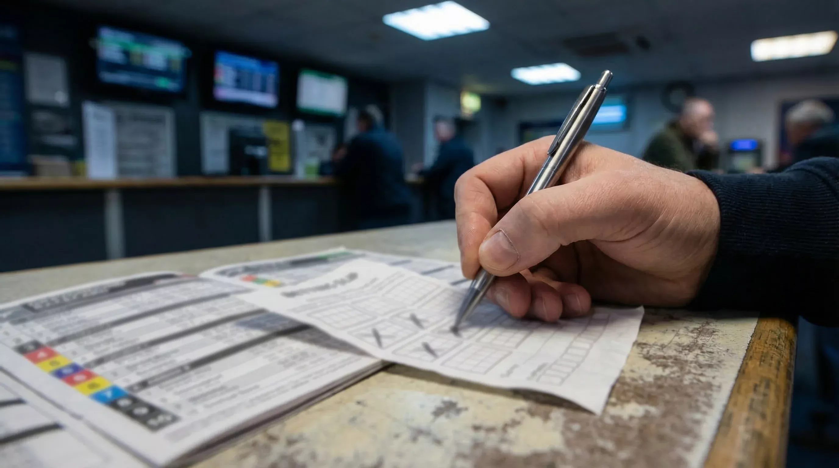 Hand holding a betting slip with a pen marking selections next to a greyhound racecard on a counter