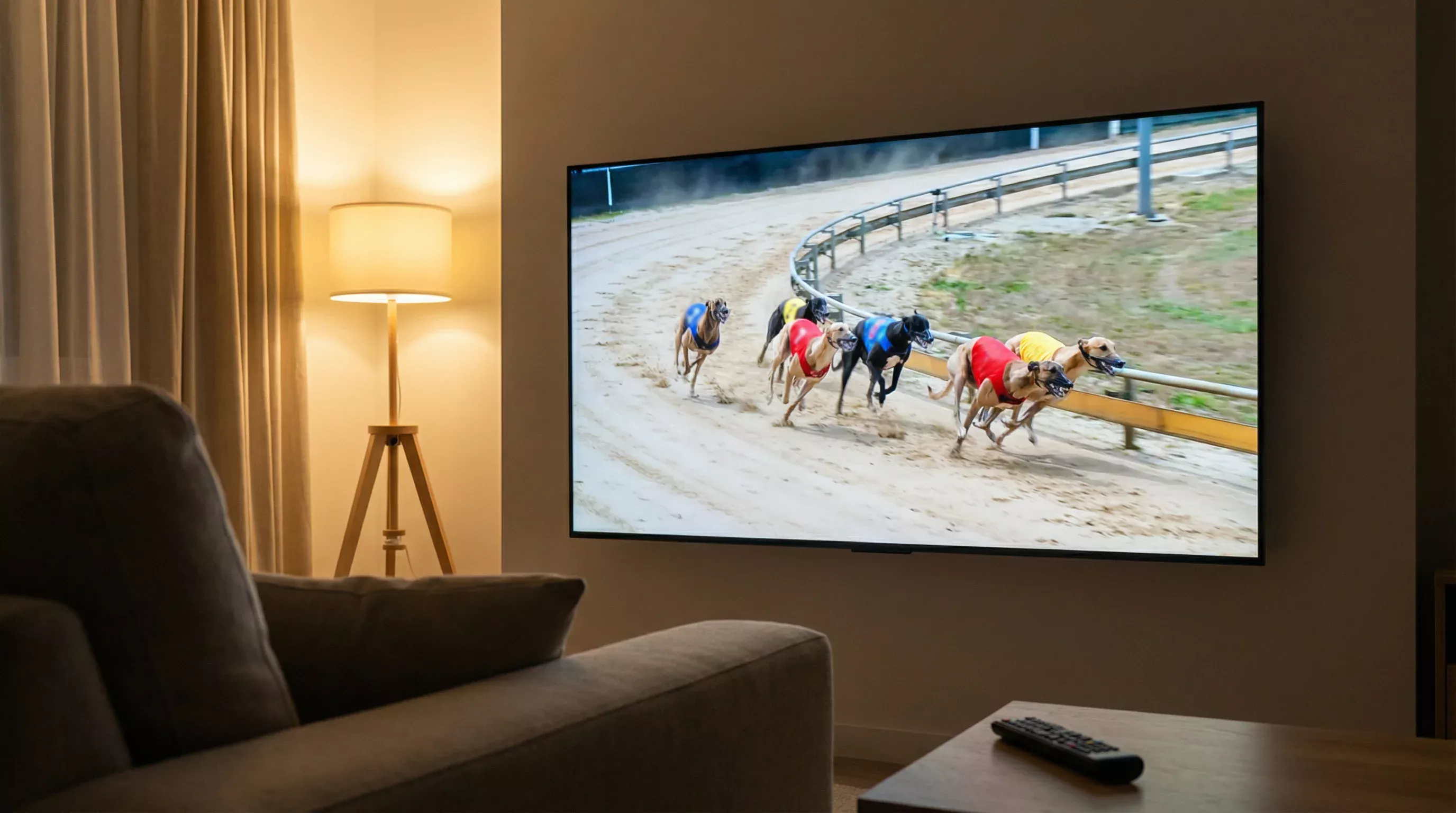 Television screen showing a live greyhound race broadcast with a sand track and running dogs visible on screen