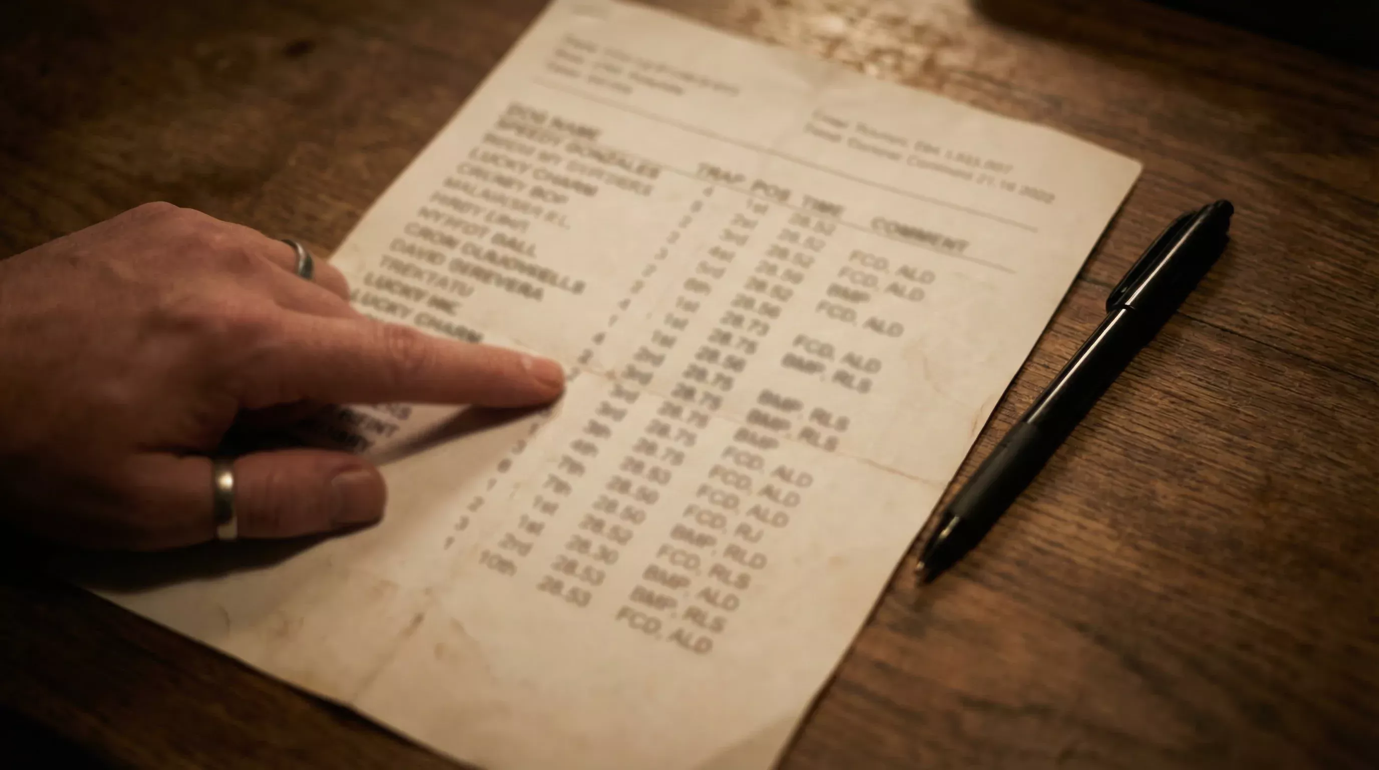 Close-up of a printed greyhound race result sheet showing columns of data with abbreviations and times