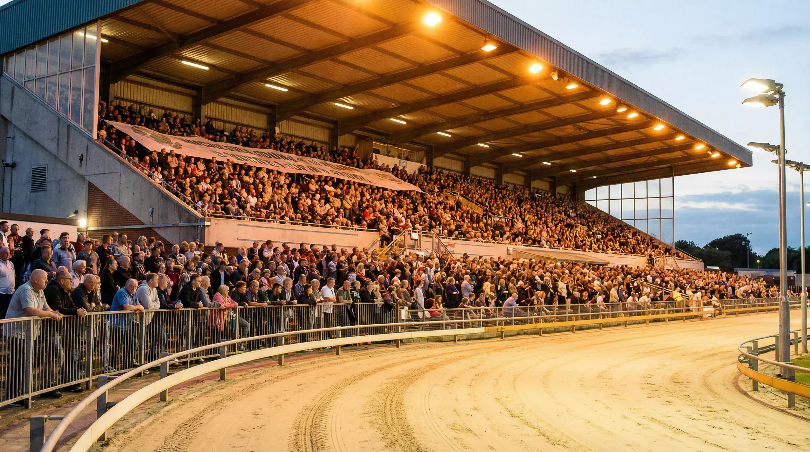 Packed grandstand at Sunderland Greyhound Stadium on Grand Prix night with floodlit track in the foreground