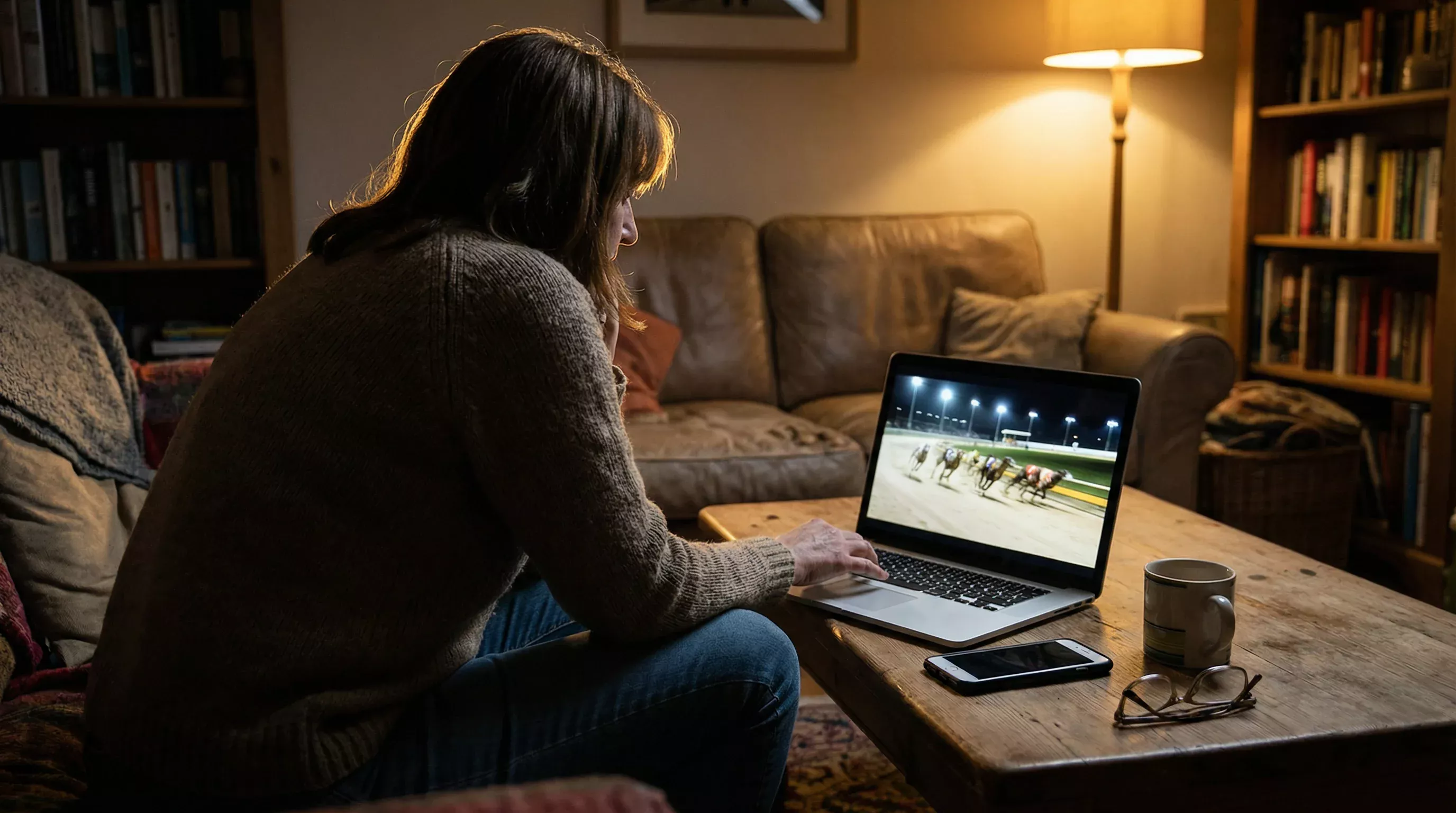 Person watching a Sunderland greyhound race live stream on a laptop screen
