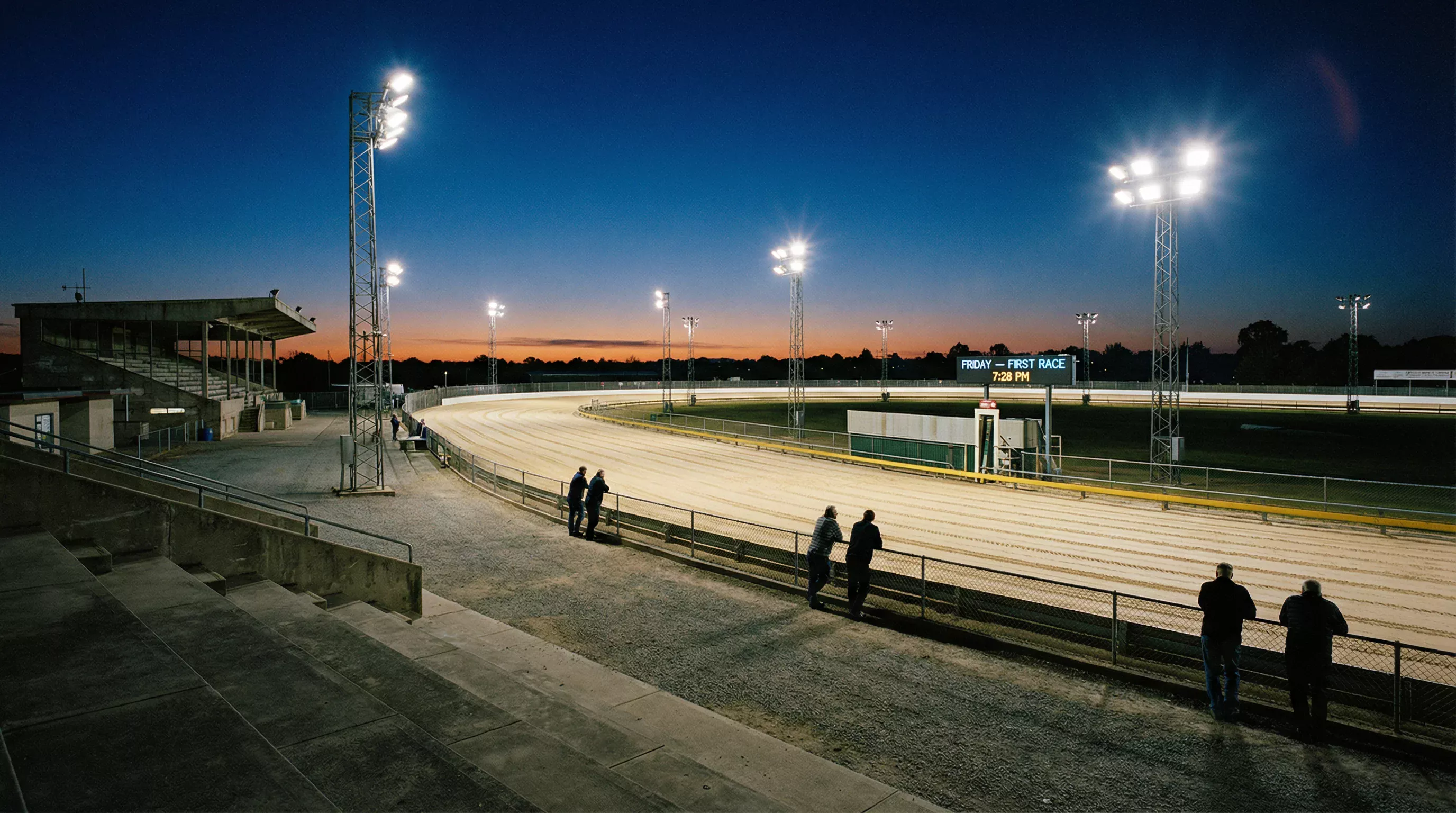 Sunderland greyhound stadium floodlights over the sand track on a Friday race night