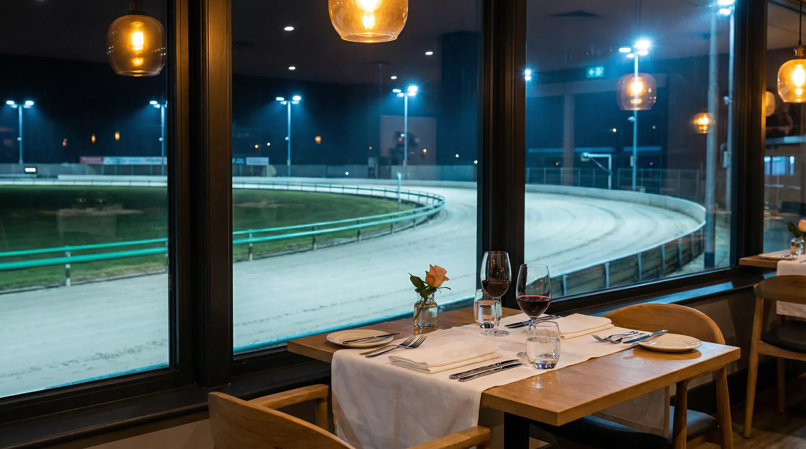Trackside restaurant table set for dinner with a view of the floodlit greyhound track through a window