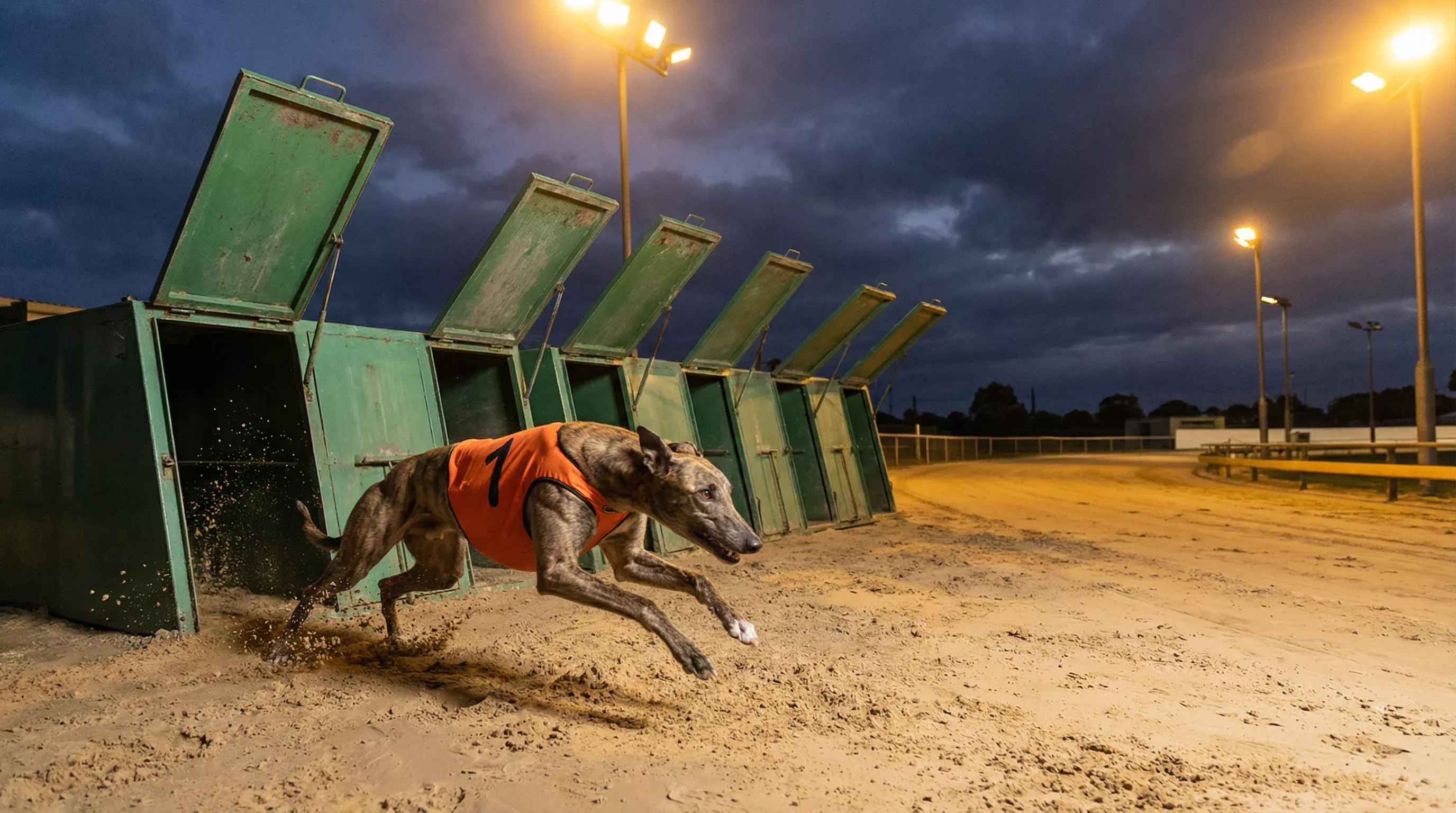 Greyhound bursting from a starting trap at the beginning of a 261m sprint on Sunderland sand track