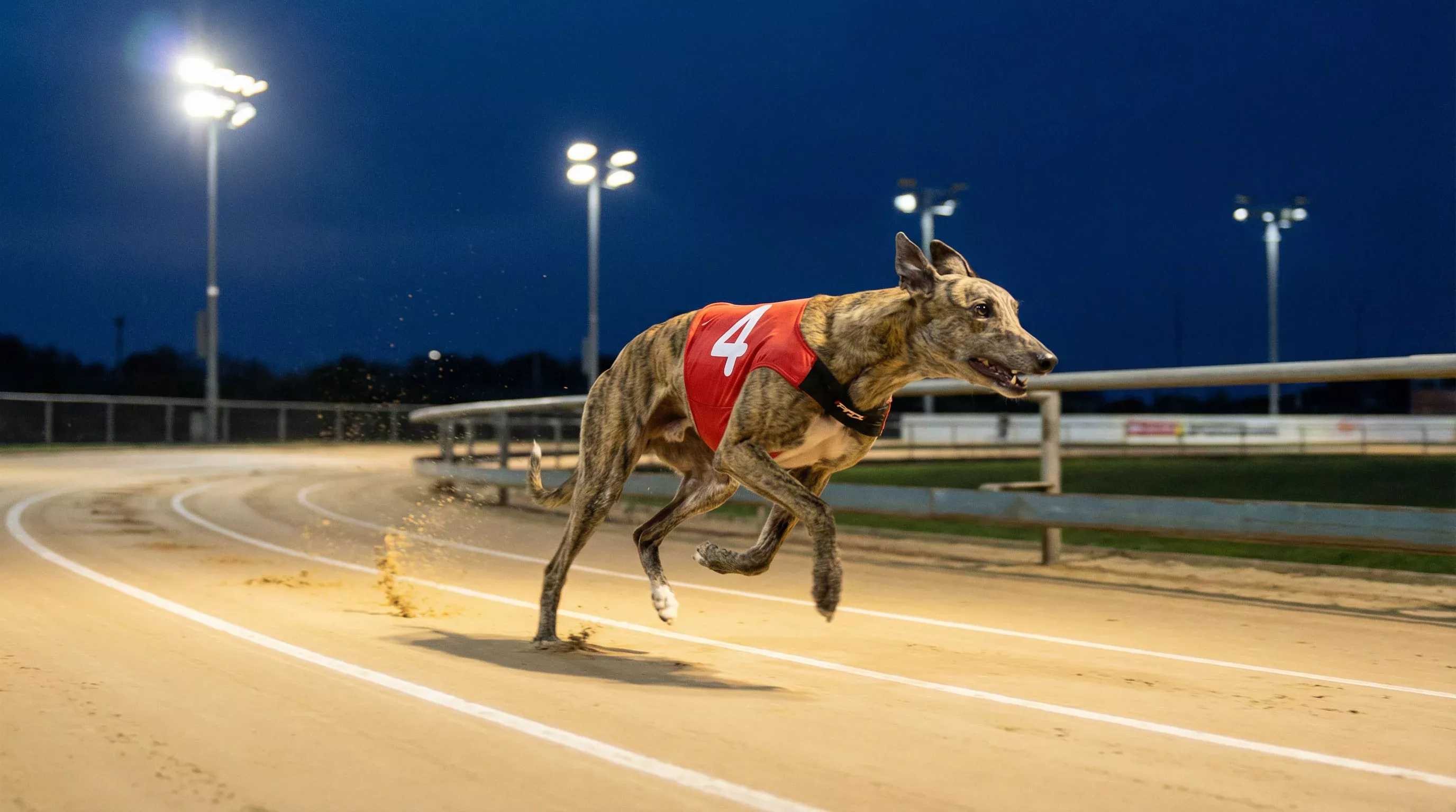 Greyhound racing at full stride on a floodlit sand track during a 450m race at Sunderland Stadium