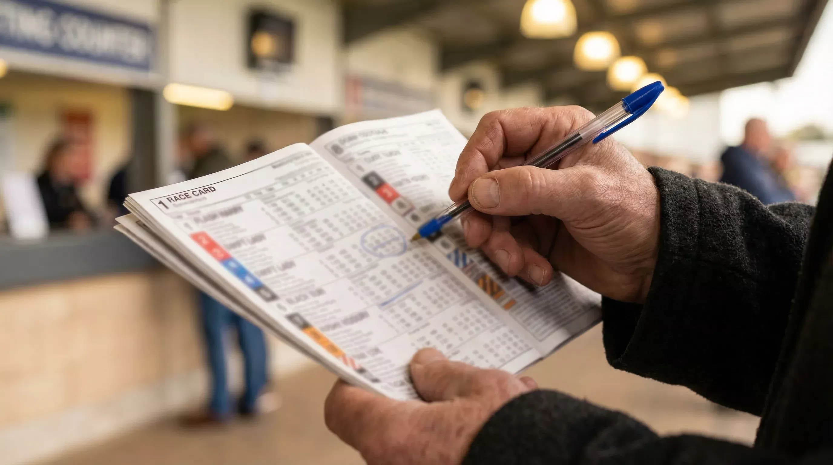 Close-up of a person studying a Sunderland greyhound racecard with a pen marking form figures