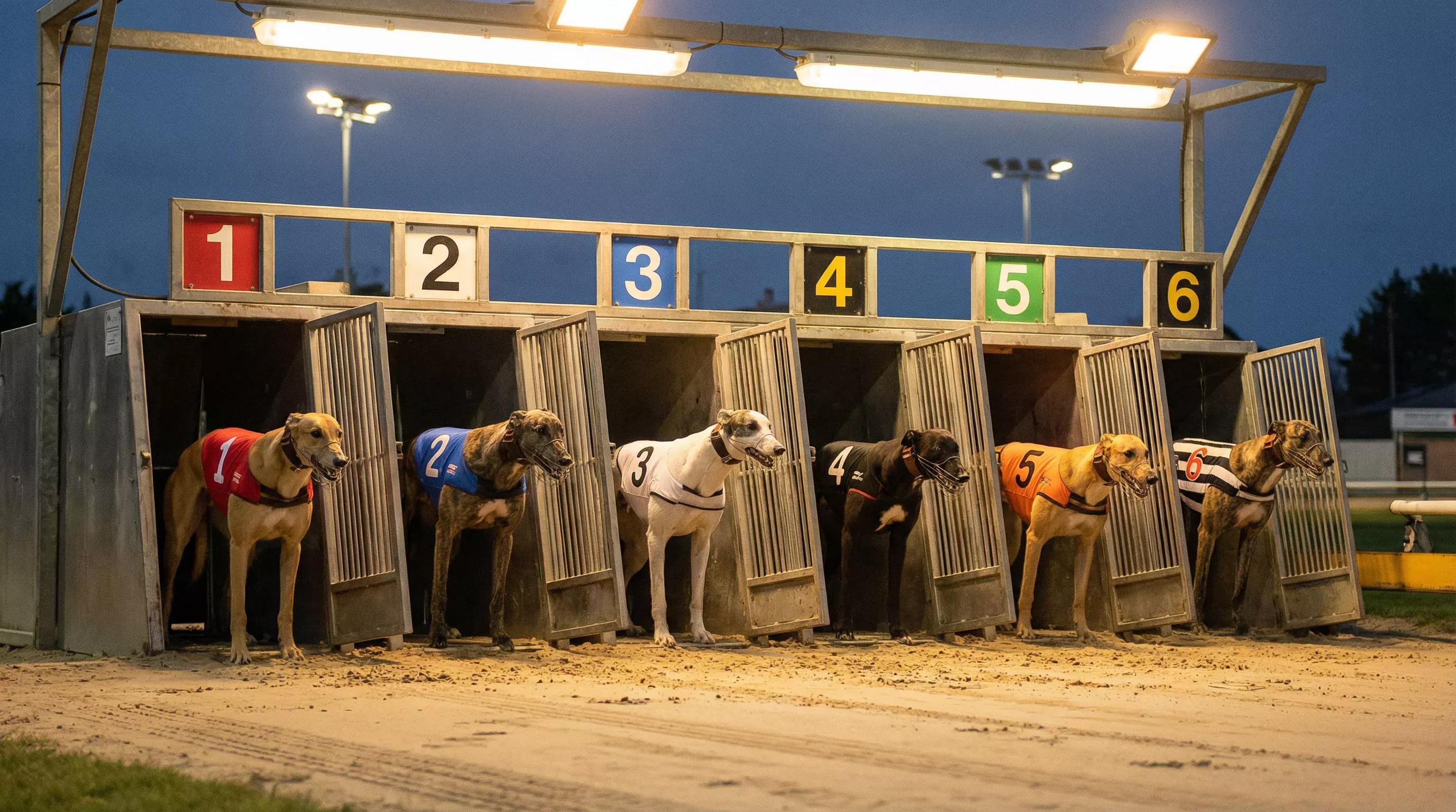 Greyhounds wearing different coloured racing jackets lined up in traps before a graded race at Sunderland