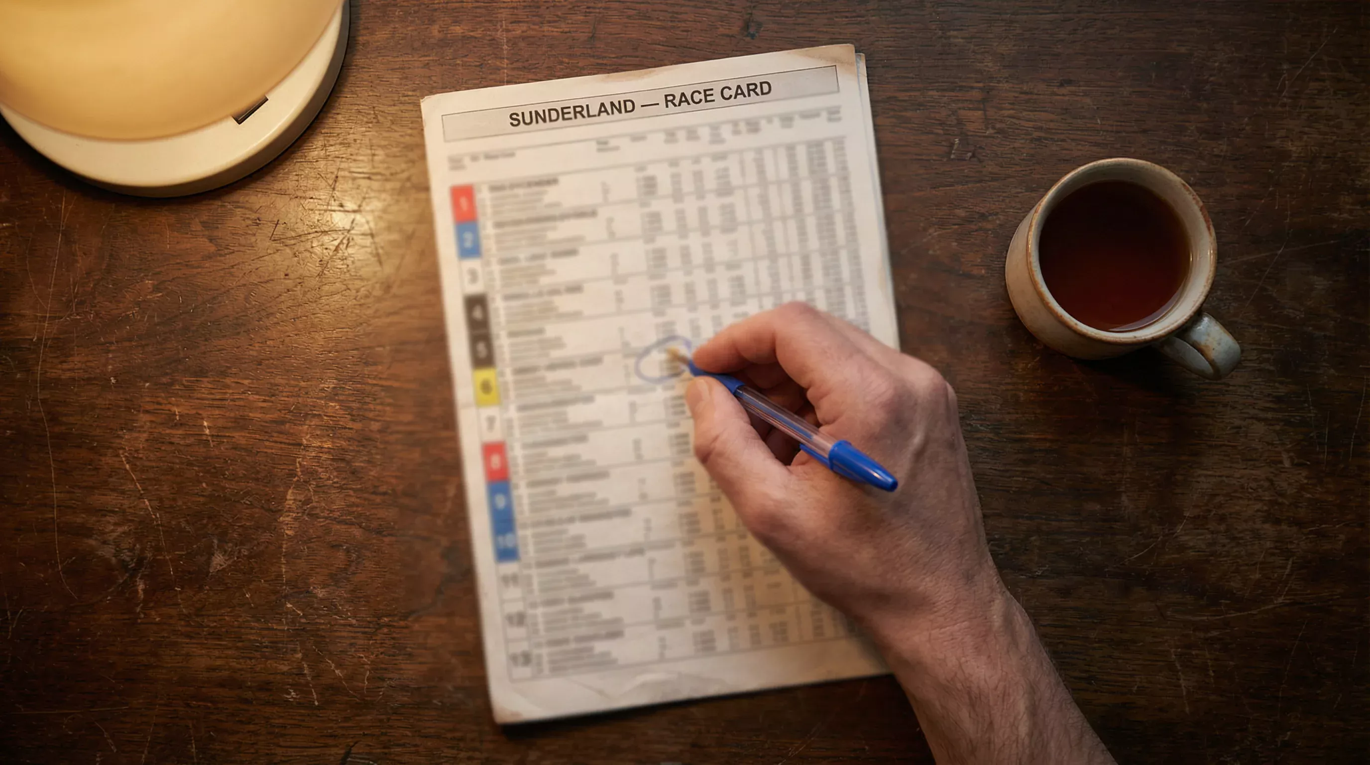 Sunderland greyhound racecard with form figures, trap colours and race details