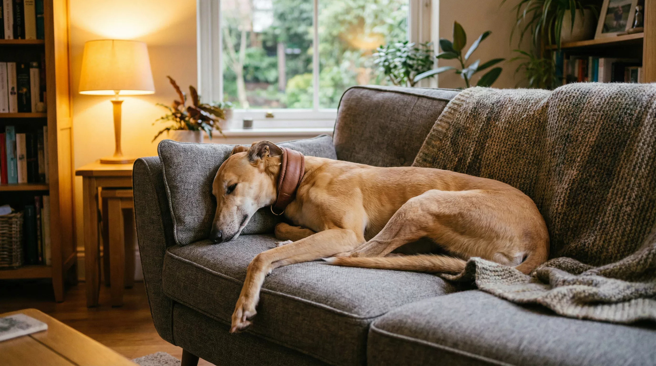 Retired greyhound lying comfortably on a sofa in a home living room wearing a soft collar