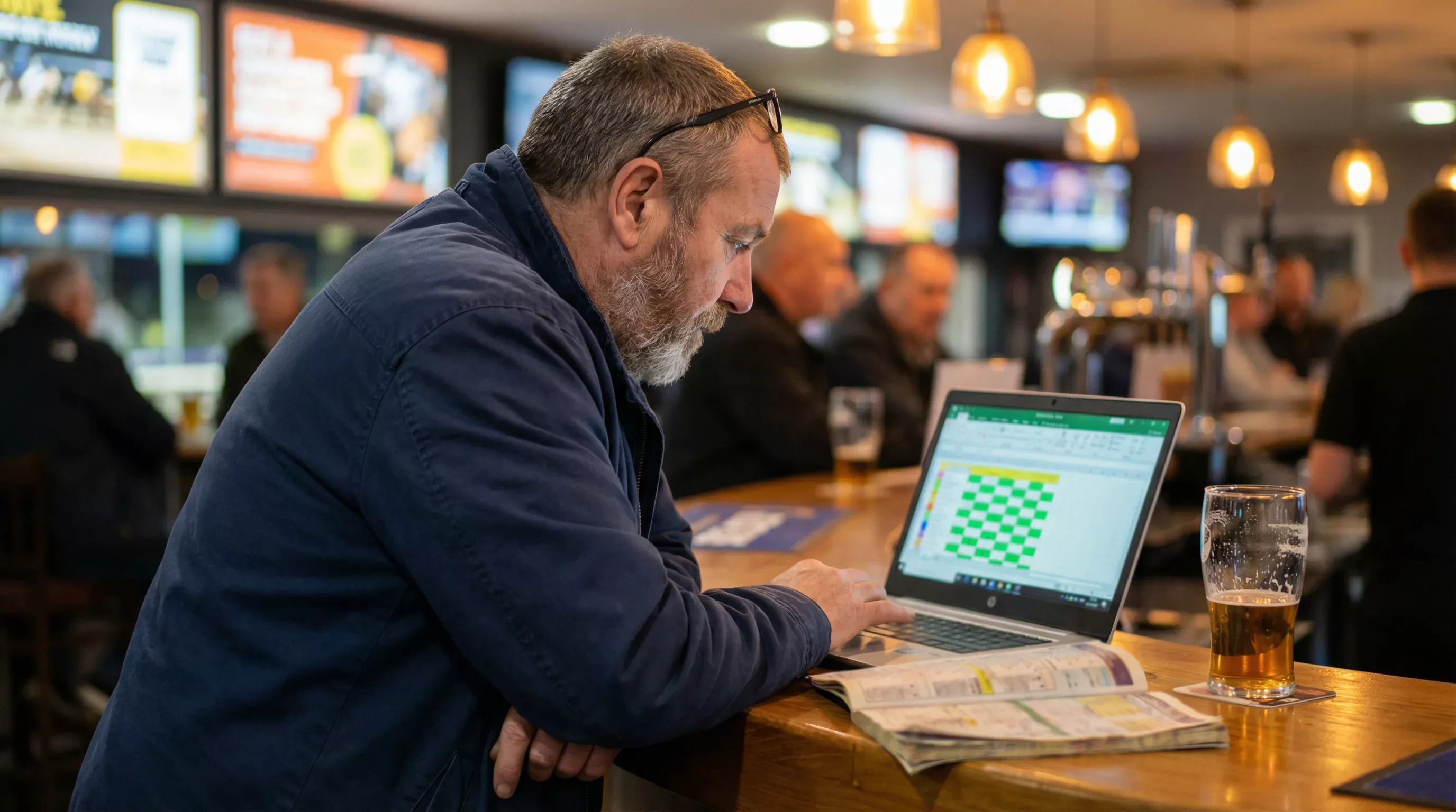 Bettor reviewing Sunderland greyhound race results and form data on a laptop at the stadium bar