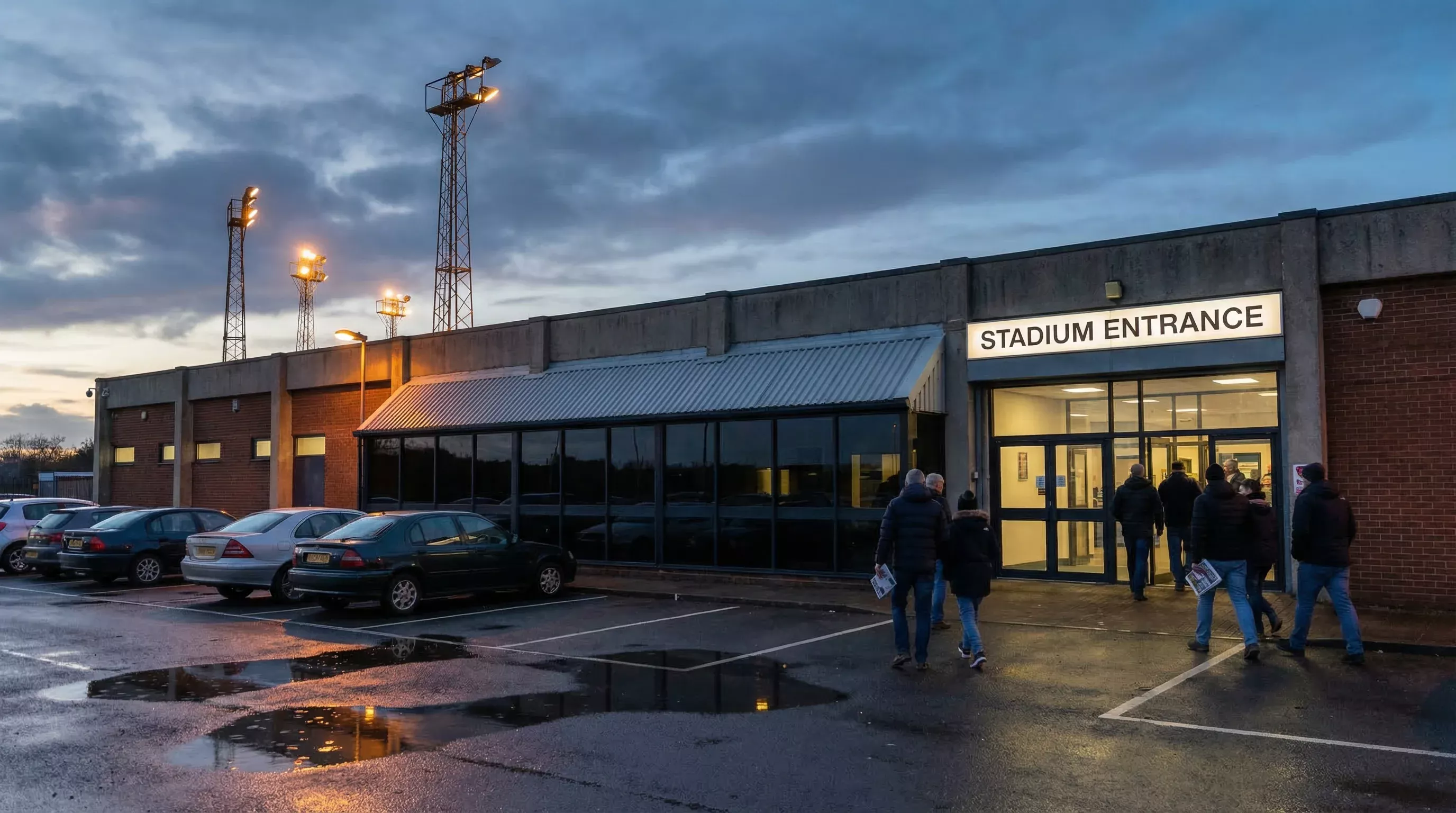 Sunderland Greyhound Stadium grandstand exterior with spectators arriving for an evening meeting