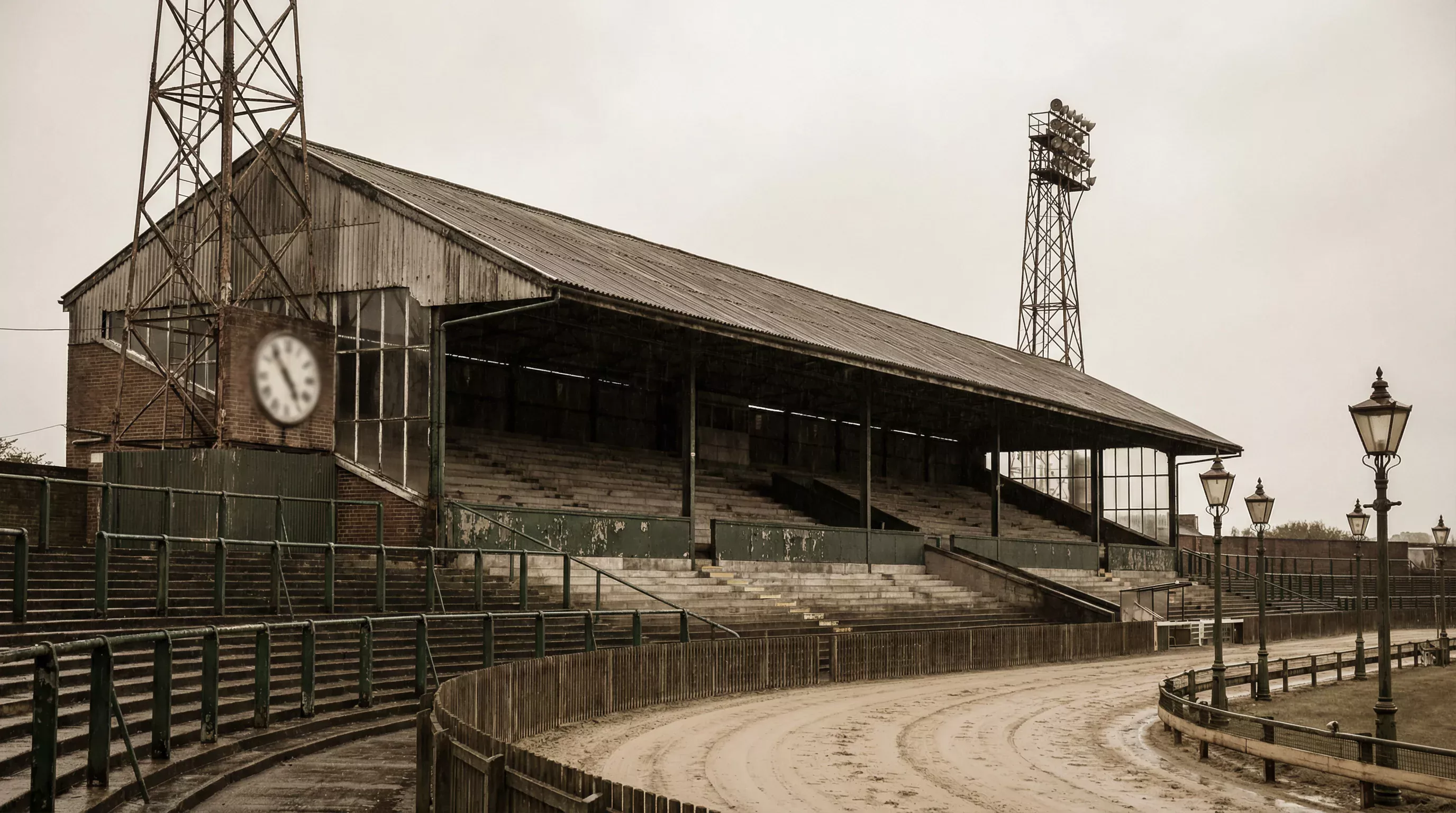 Vintage-style photograph of a greyhound stadium grandstand with period architecture and floodlight pylons