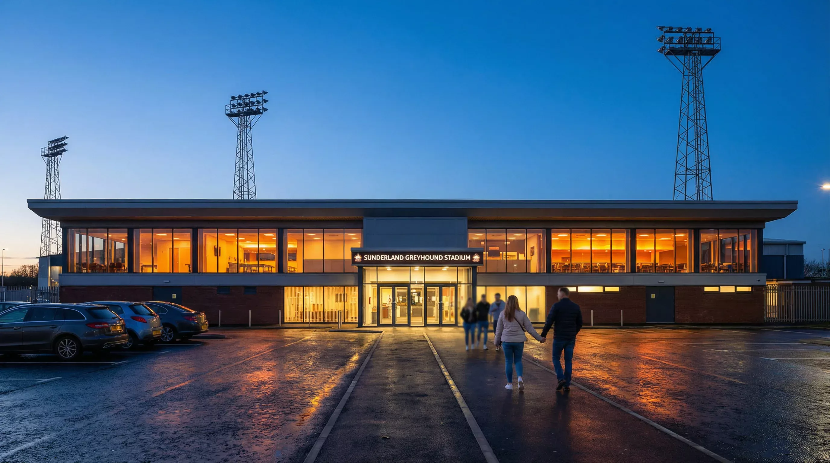 Sunderland Greyhound Stadium entrance with floodlights glowing on a race evening