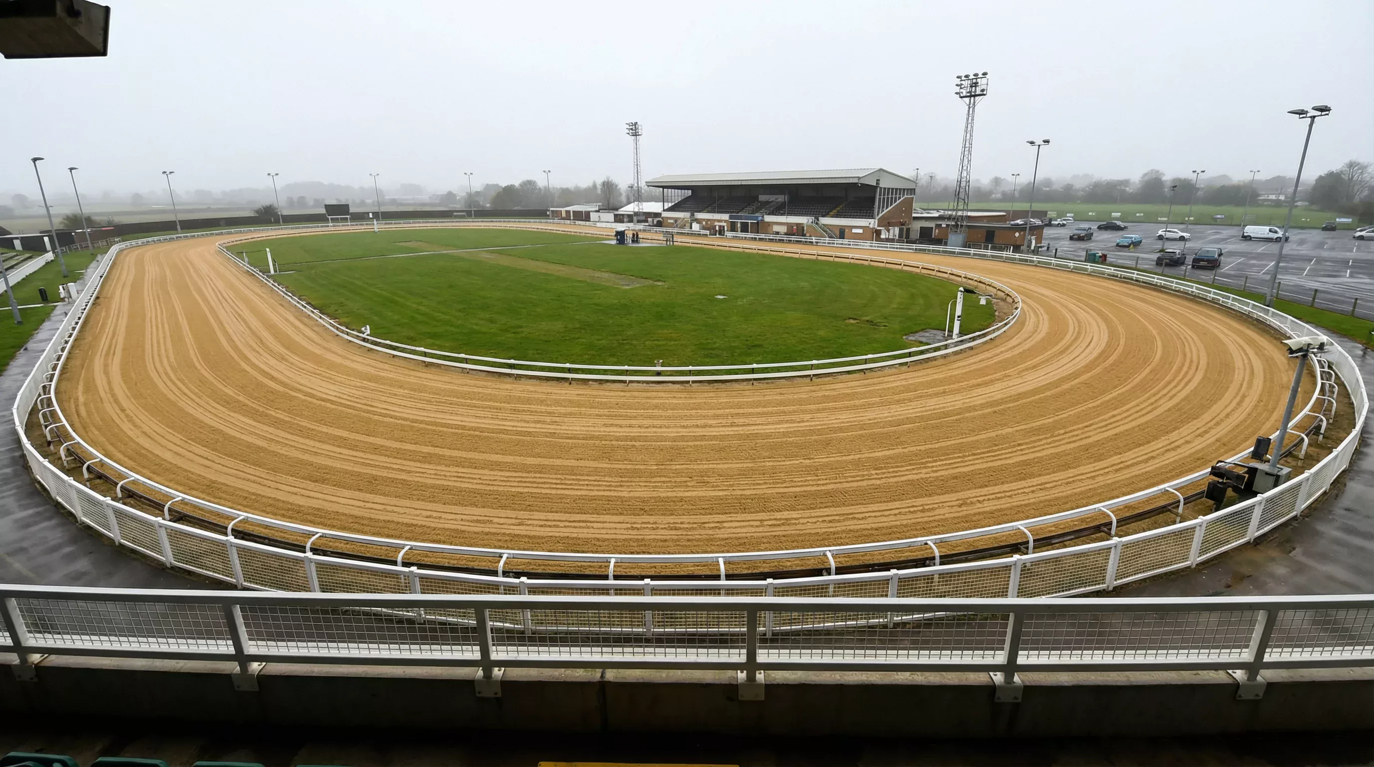 Aerial view of Sunderland Greyhound Stadium showing the all-weather sand track circuit and four bends