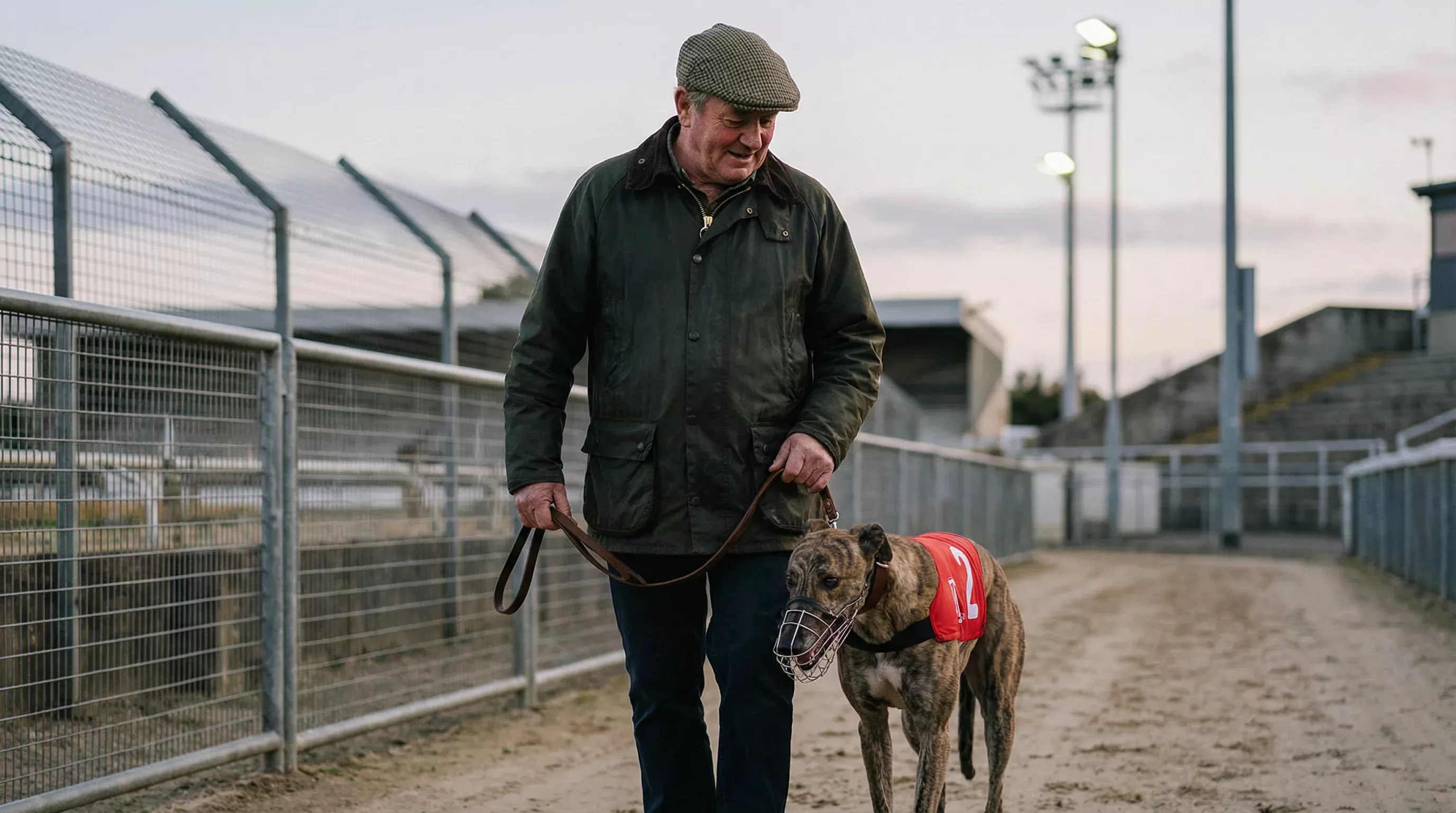 Greyhound trainer in a jacket leading a muzzled greyhound on a leash at Sunderland Stadium paddock area