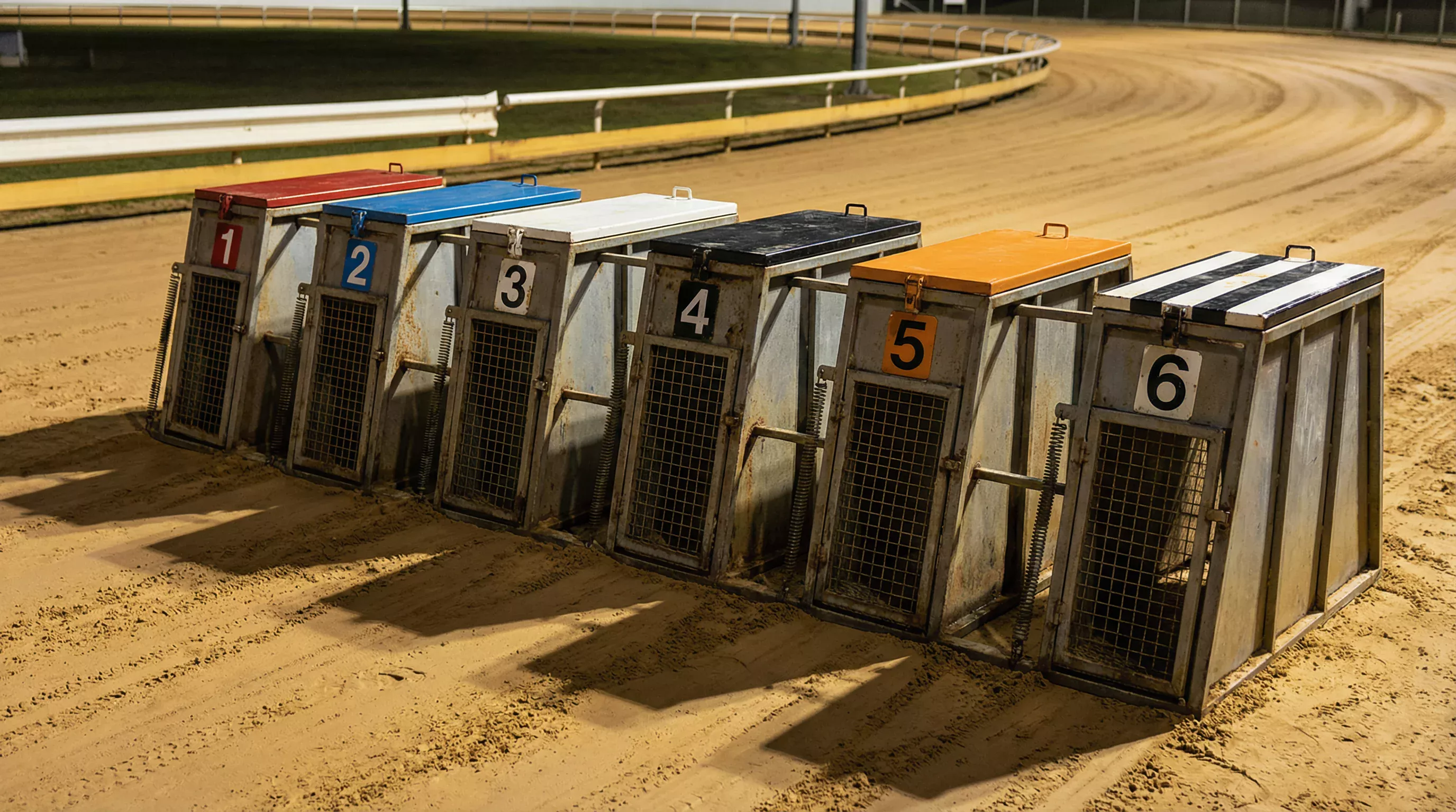 Six greyhound starting traps at Sunderland Stadium with colour-coded lids ready for a 450m race