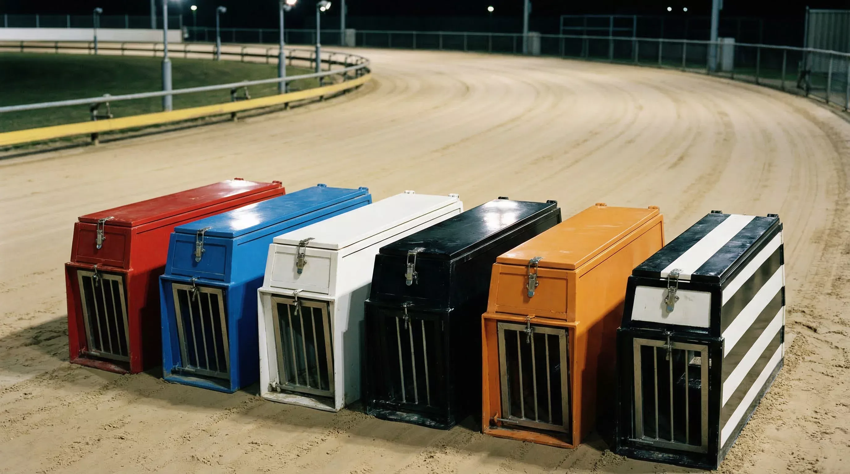 Row of six coloured starting traps on the sand track at Sunderland Greyhound Stadium before a race