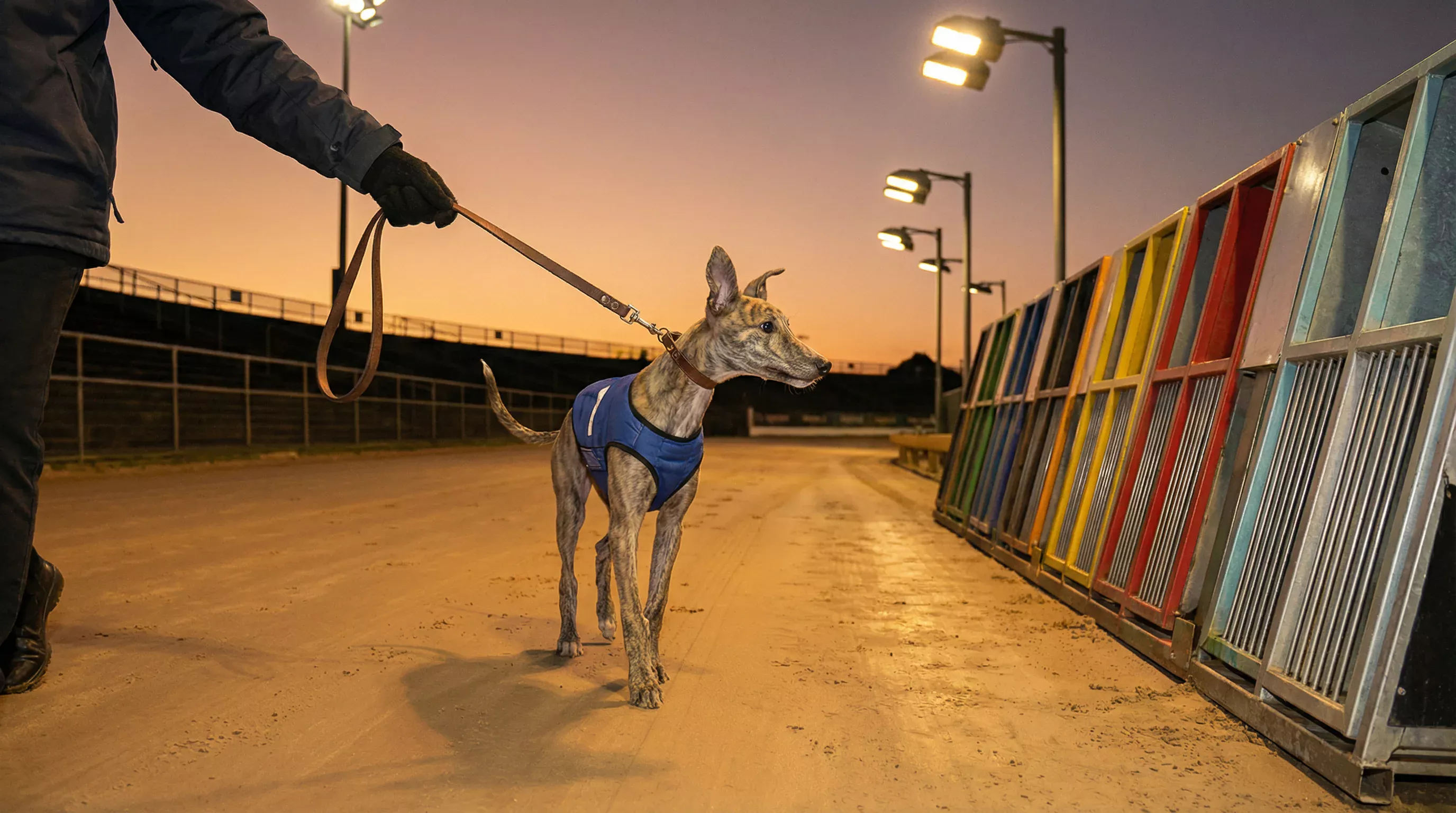 Young greyhound puppy in a racing jacket being walked toward the starting traps at Sunderland Stadium