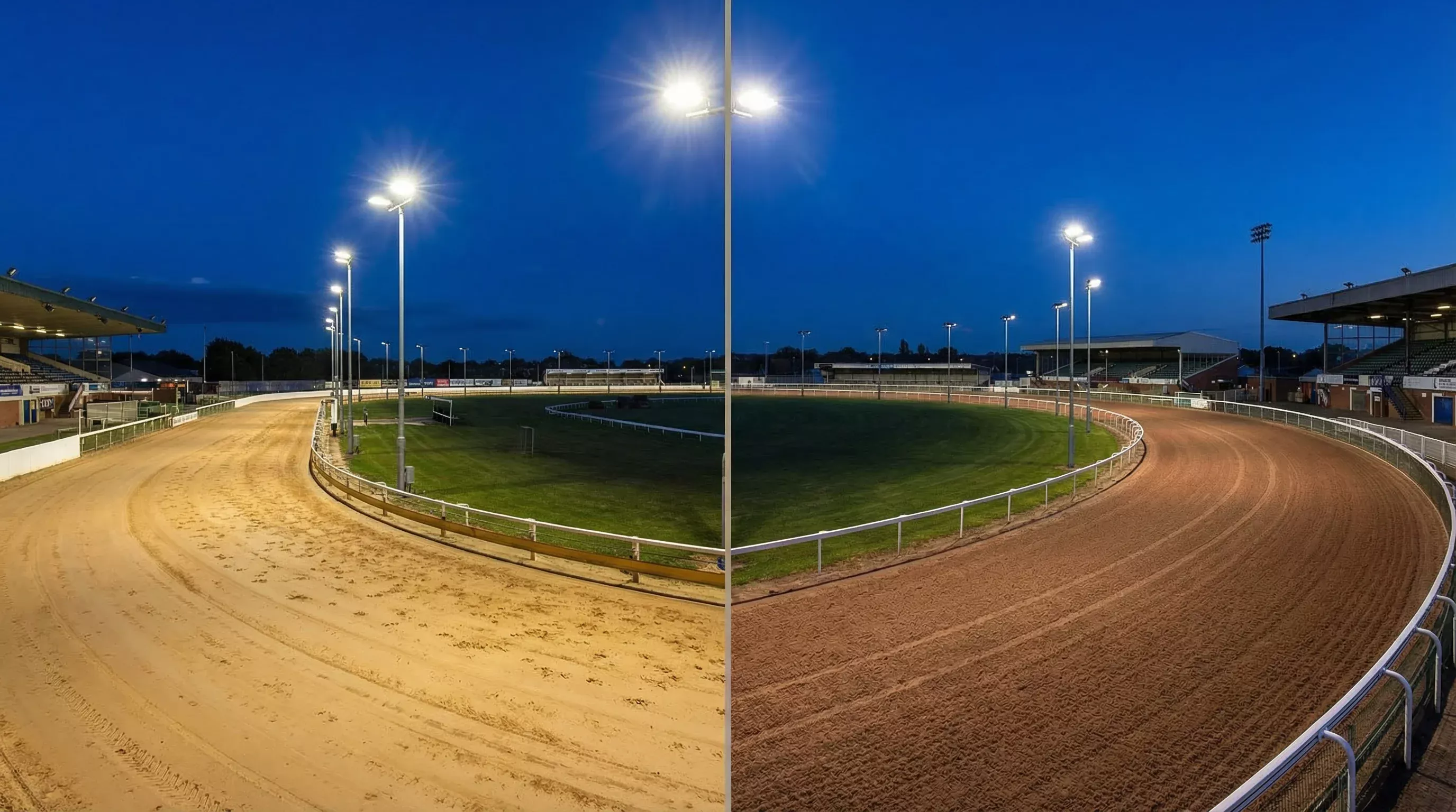 Split view of two different greyhound sand tracks under floodlights representing Sunderland and Newcastle stadiums